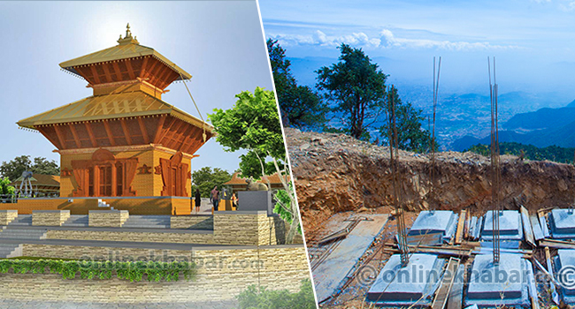 इच्छापुरेश्वर महादेवको निर्माणाधिन मन्दिर (दायाँ) र त्यसको स्केच (वायाँ)।