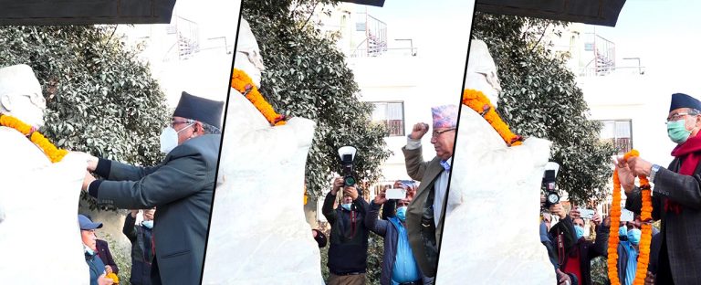 मदनको शालिकमा माल्यार्पण गर्न प्रचण्ड र माधव नेपाल बल्खु पुगे
