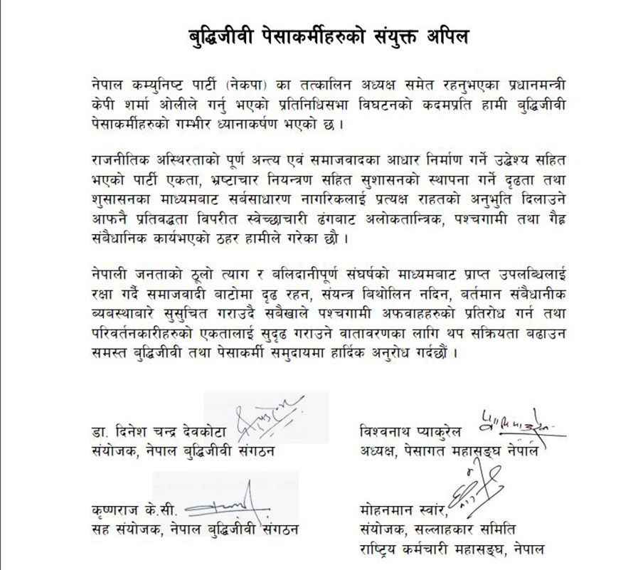 प्रधानमन्त्रीको कदम गैरसंवैधानिक : बुद्धिजीवी संगठन एवं पेसागत महासंघ