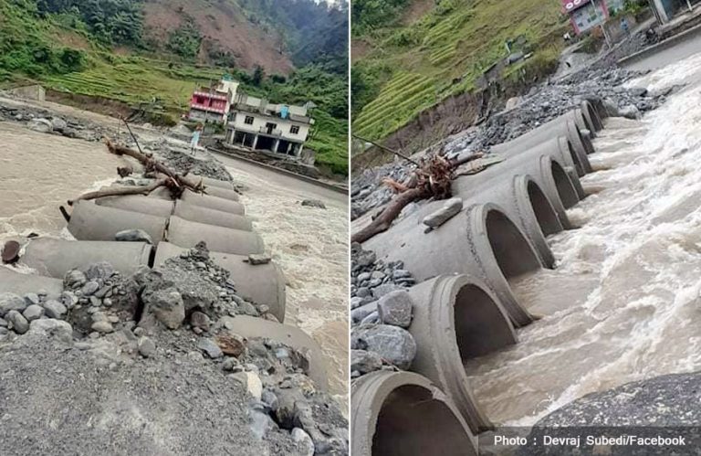 वर्षाले मेलम्ची-इन्द्रावती जोड्न बनाइएको अस्थायी मोटरबाटोमा क्षति