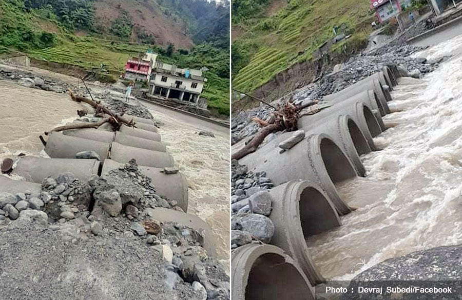 वर्षाले मेलम्ची-इन्द्रावती जोड्न बनाइएको अस्थायी मोटरबाटोमा क्षति