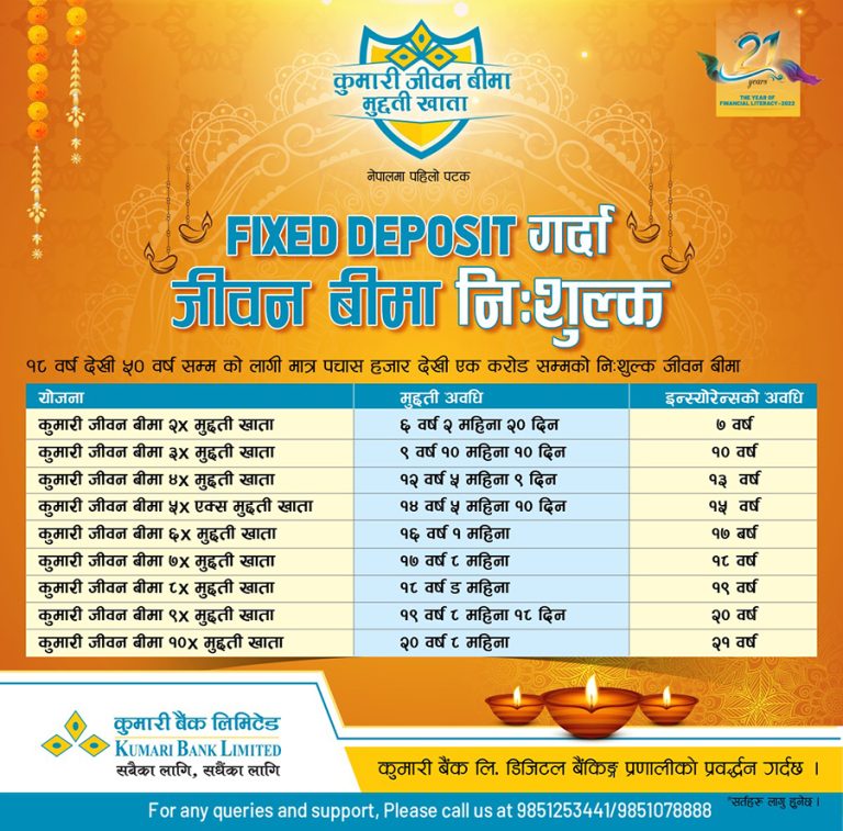 कुमारी बैंकले सार्वजनिक गर्‍यो ‘मुद्दती खाता खोल्दा निःशुल्क जीवन बीमा’ योजना
