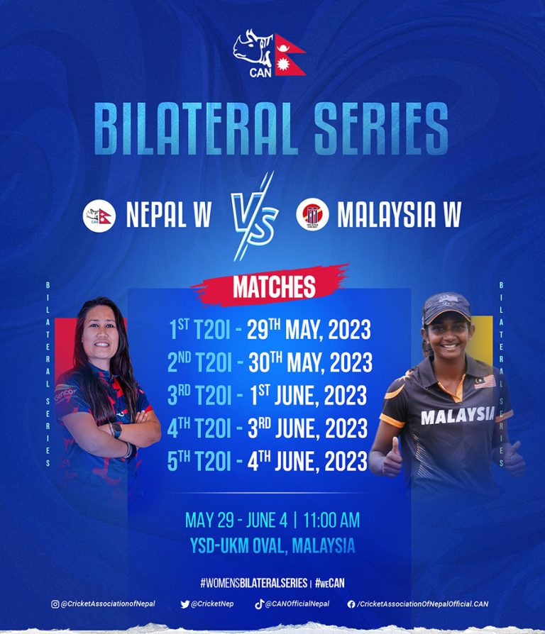 नेपाल र मलेसिया महिला क्रिकेट टिमबीच पाँच खेलको टी-२० आई सिरिज हुने