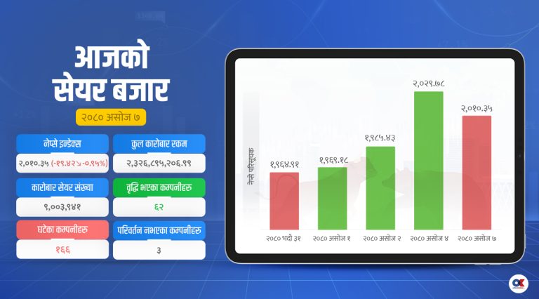 नेप्सेमा दोहोरो अंकको गिरावट, ३ कम्पनीको सेयरमूल्य १० प्रतिशतले बढ्यो