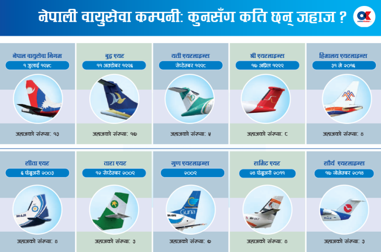नेपाली वायुसेवा कम्पनीसँग छन् ६८ जहाज, कुन कम्पनीसँग कति ?