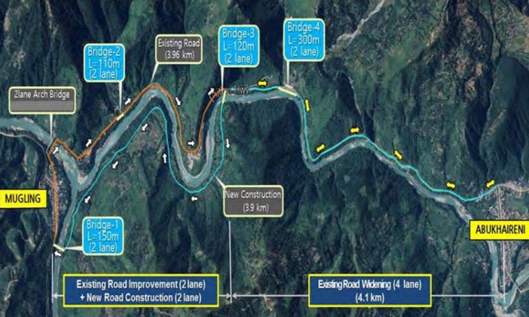 मुग्लिन–आँबुखैरेनी खण्डमा मर्स्याङ्‍दी नदी पारि नयाँ सडक बनाइँदै, साविकको खण्ड एकतर्फी