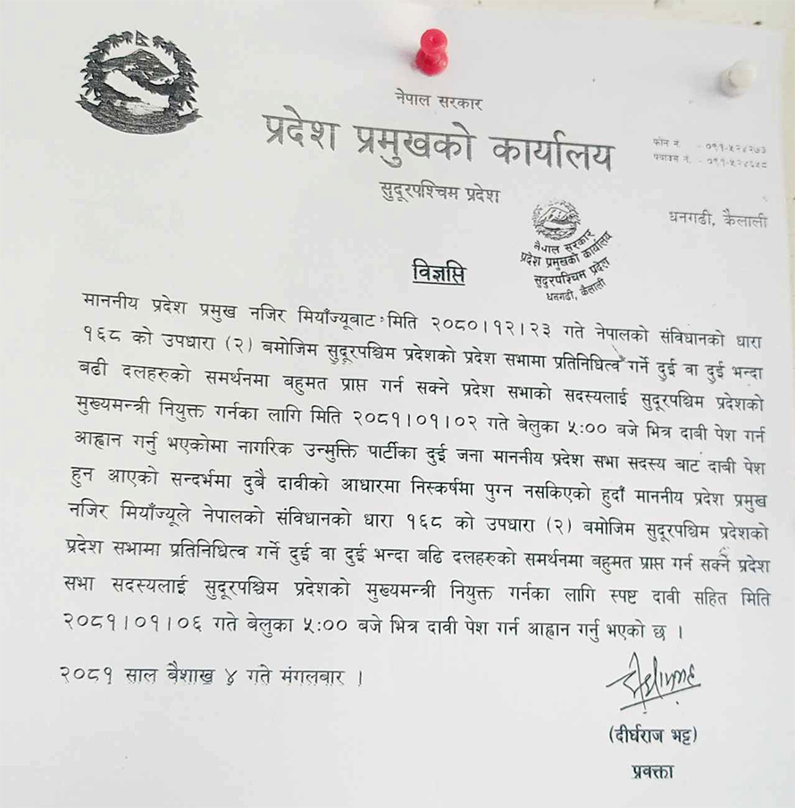 सुदूरपश्चिमको मुख्यमन्त्रीमा दुवै दाबी अस्वीकृत, प्रदेश प्रमुखले दिए थप २ दिन