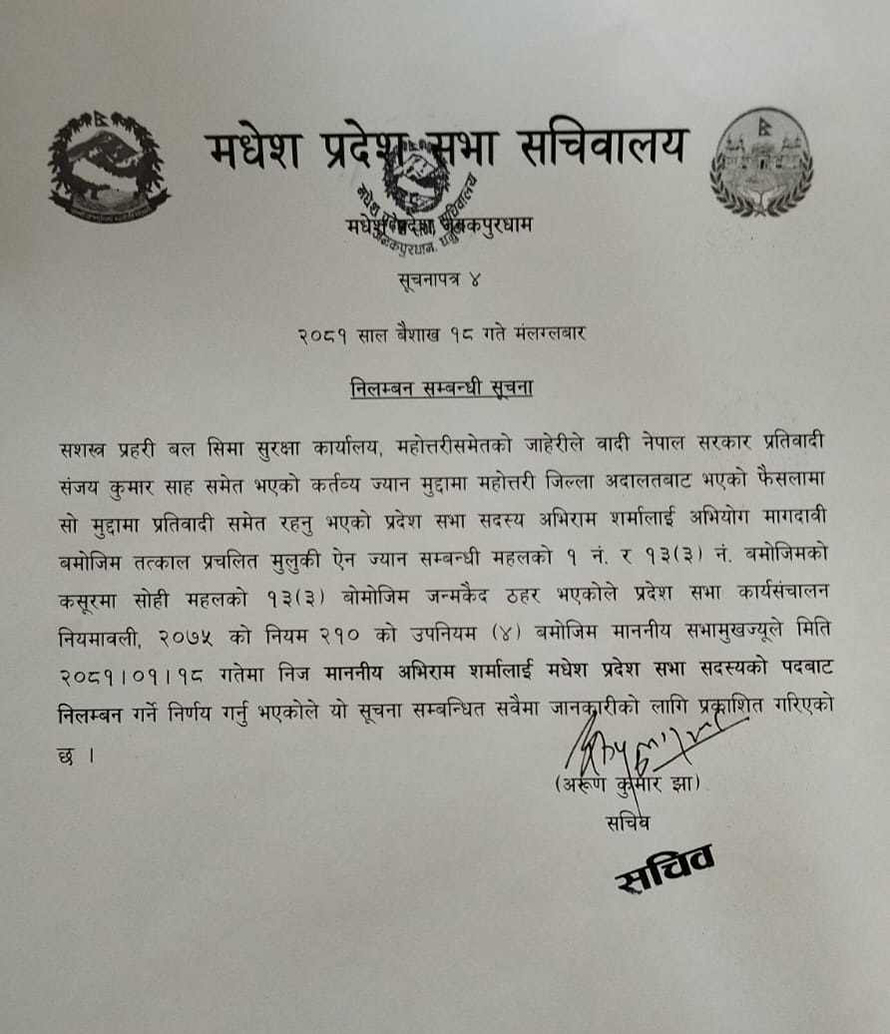 लोसपाका सांसद अभिराम शर्मा निलम्बित