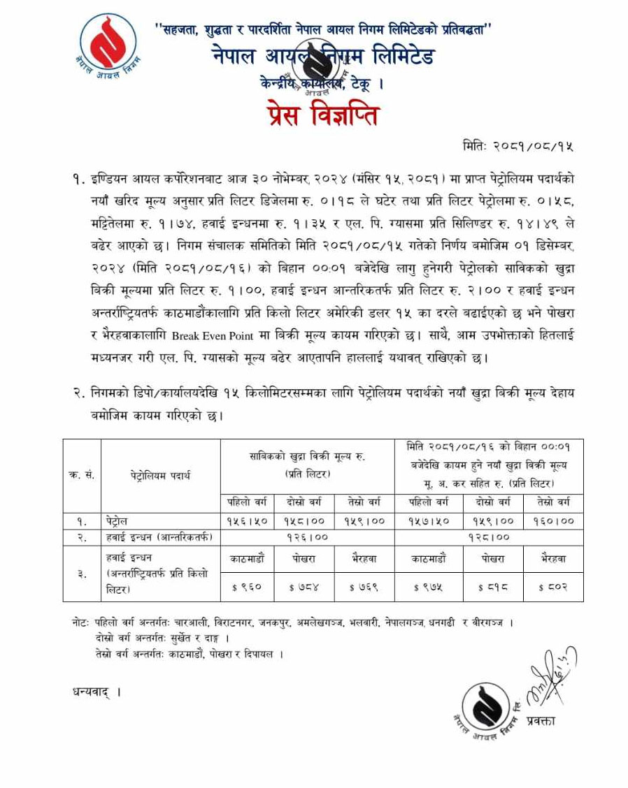 पेट्रोलको मूल्य बढ्यो