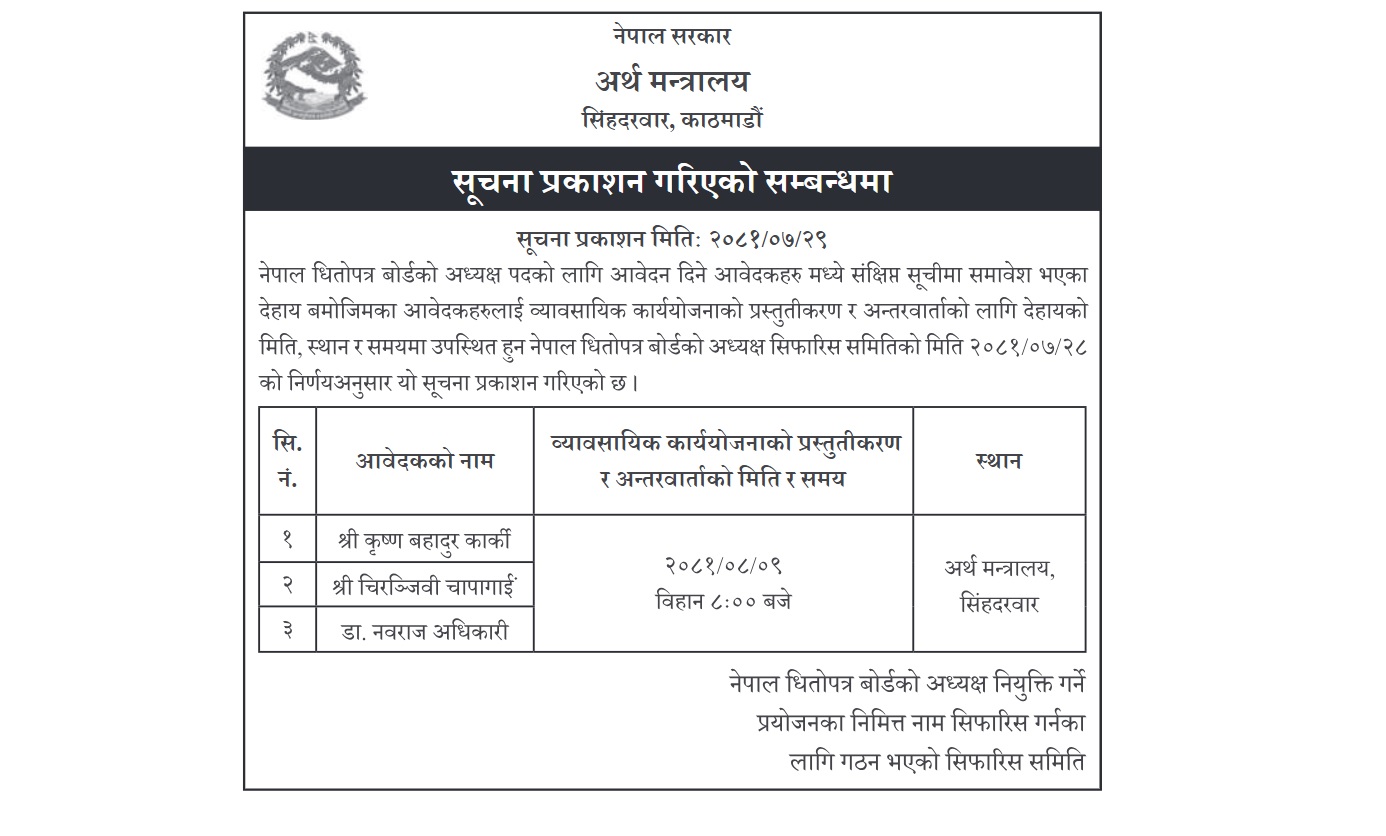 धितोपत्र बोर्ड अध्यक्षका तीन उम्मेदवारलाई फेरि अन्तर्वार्तामा बोलाइयो