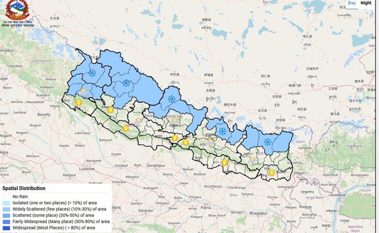 उच्च पहाडी र हिमाली भेगमा हिमपात, काठमाडौंमा मंगलबार पानी पर्ने सम्भावना