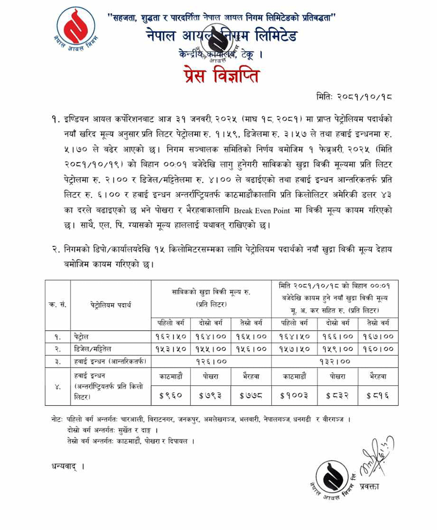 पेट्रोलियम पदार्थको मूल्य बढ्यो
