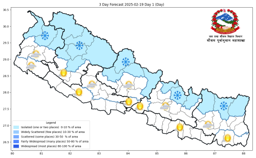 यस्तो छ आजको मौसम, थोरै ठाउँमा हिमपातको सम्भावना