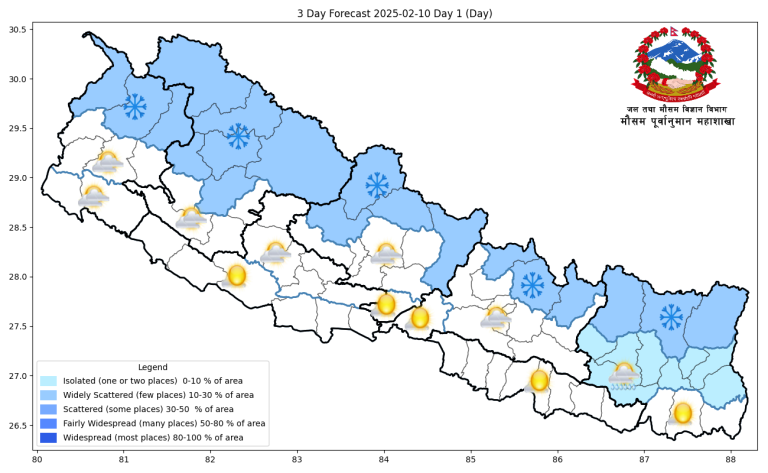 कोशीका केही स्थानमा पानी पर्ने, यी ४ प्रदेशमा हिमपातको सम्भावना
