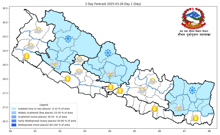 कोशी, गण्डकी र कर्णालीमा चट्याङसहित वर्षा हुने