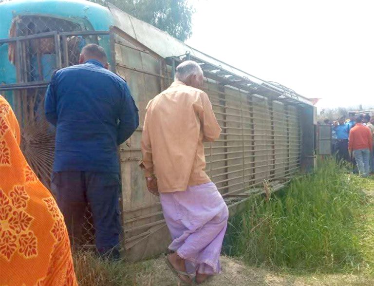 महोत्तरीमा बस पल्टिँदा १५ जना घाइते