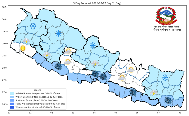 आज पनि केही ठाउँमा चट्याङसहित वर्षा, तराईमा हावाहुरीको सम्भावना