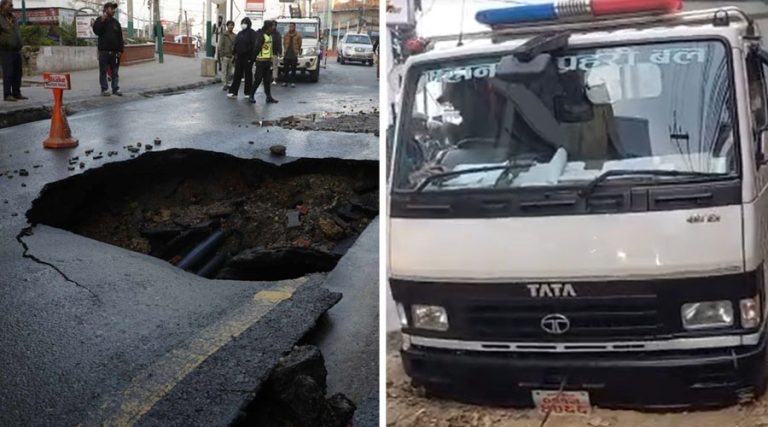 थापाथलीमा मेलम्चीको पाइप फुटेको ठाउँमा फस्यो महानगर प्रहरीको गाडी