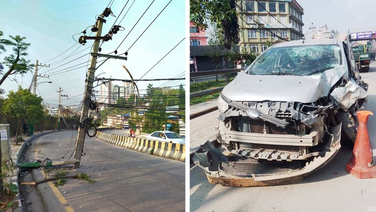 ललितपुरमा भयानक कार दुर्घटना, बिजुलीको पोल भाँचिएर सडकमा पुग्यो, ३ जना घाइते