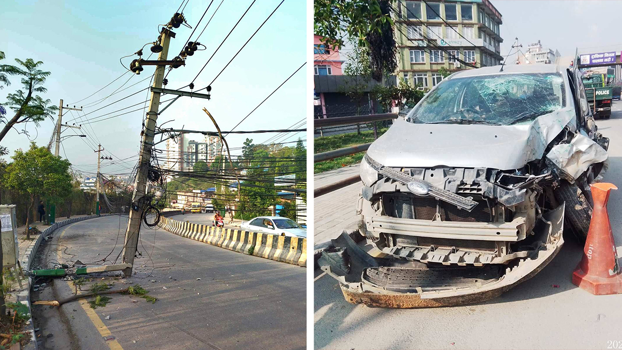 ललितपुरमा भयानक कार दुर्घटना, बिजुलीको पोल भाँचिएर सडकमा पुग्यो, ३ जना घाइते