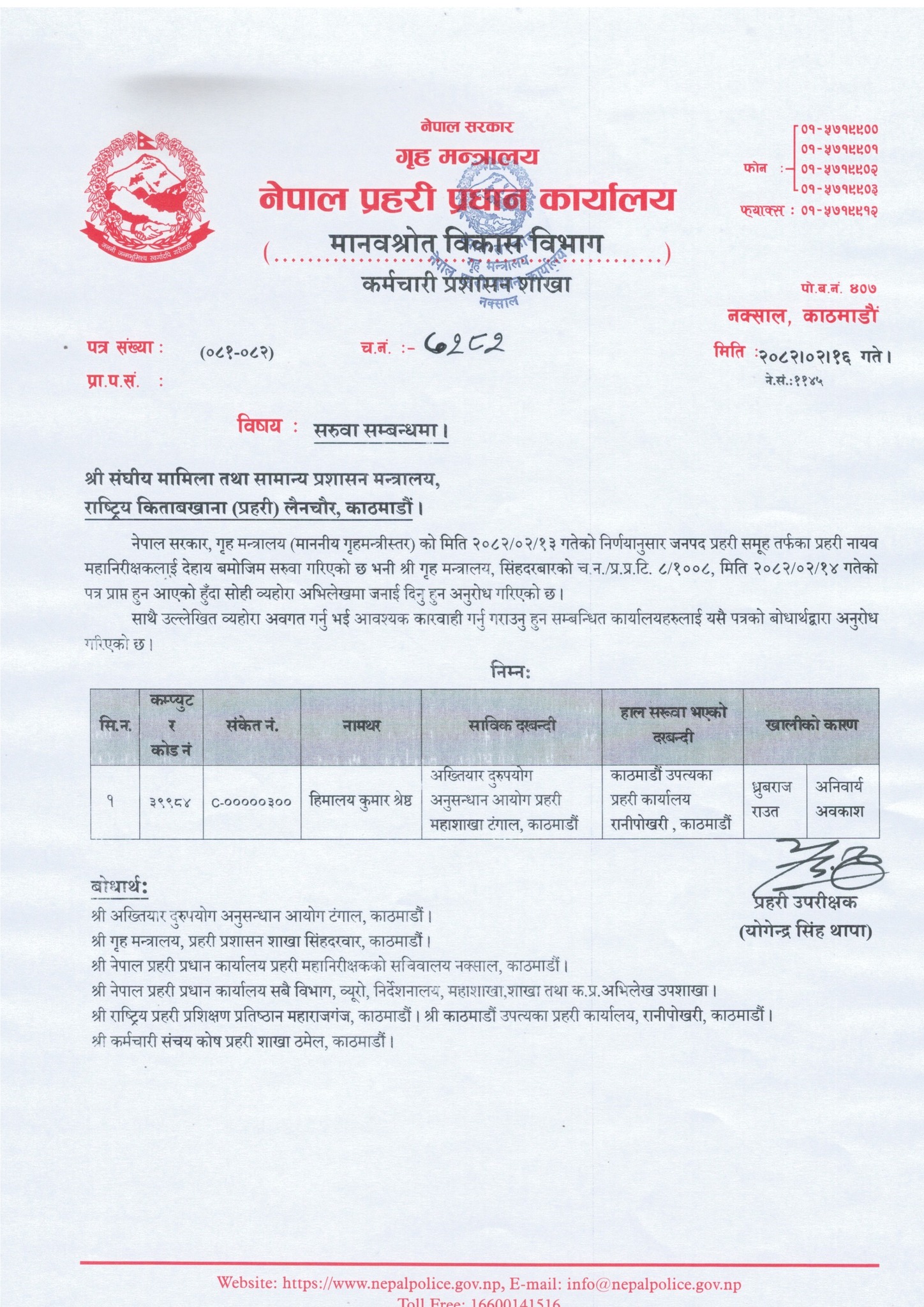अख्तियारमा कार्यरत डीआईजी श्रेष्ठको सरुवा