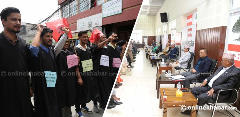 सानेपा मुख्यालयभित्र कांग्रेस नेता, बाहिर कालो पोशाकमा कार्यकर्ता (तस्वीरहरू)