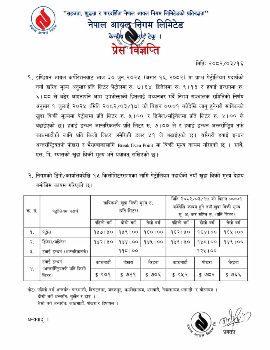 पेट्रोलमा प्रतिलिटर ५ रुपैयाँले बढ्यो मूल्य, मट्टितेल र डिजेलमा कति ? (सूचीसहित)