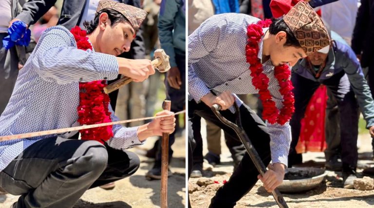 बेल्चा र हम्मर चलाउँदै हृदयन्द्र र हिमानीले गरे बर्थिङ सेन्टर शिलान्यास
