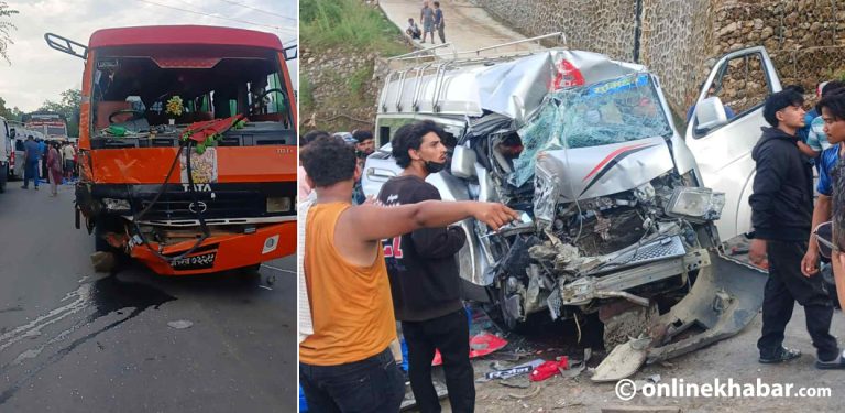 तनहुँको डुम्रेमा बस र माइक्रोबस ठोक्किए, ११ जना घाइते