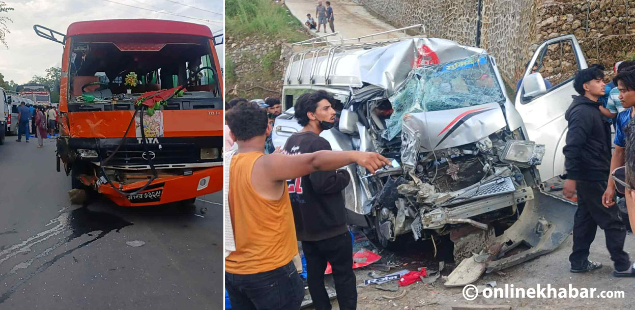 तनहुँको डुम्रेमा बस र माइक्रोबस ठोक्किए, ११ जना घाइते