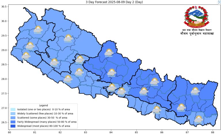 कोशी र बागमतीका थोरै ठाउँमा भारी वर्षाको सम्भावना