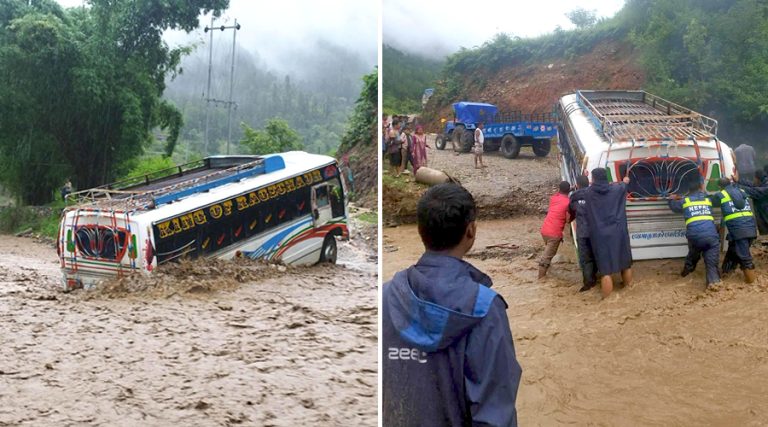 सल्यानको कुमाखमा बाढीमा फसेको विद्यालय बस तीन घण्टापछि निकालियो