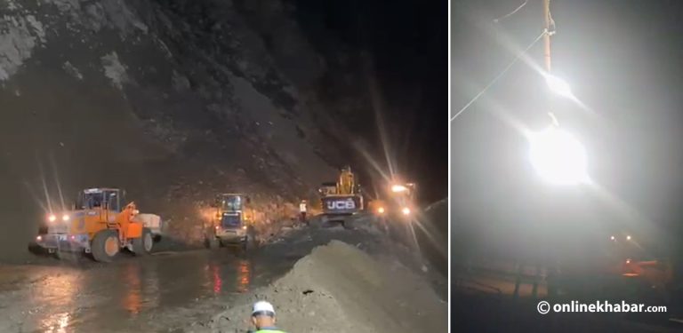 फ्लड लाइट बालेर तुइनखोलाको पहिरो पन्छाइँदै, सडक आजै रातिदेखि खुल्ने