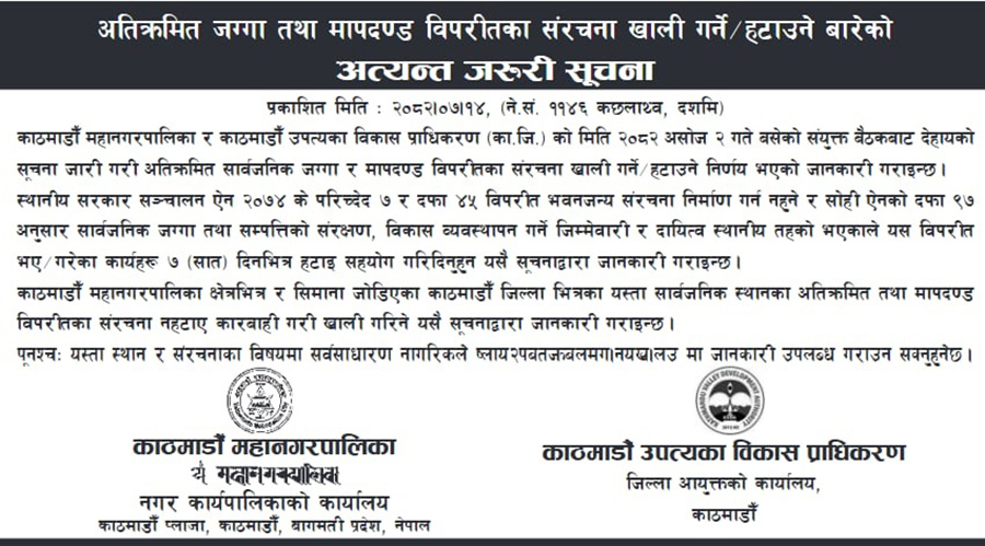 काठमाडौंका अतिक्रमित जग्गा खाली गराउन सात दिने अल्टिमेटम