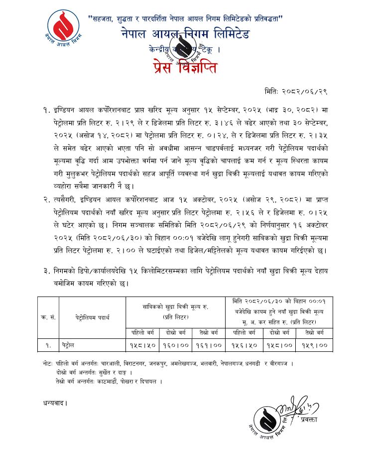 घट्यो पेट्रोलको मूल्य, डिजेल र मट्टीतेल यथावत्