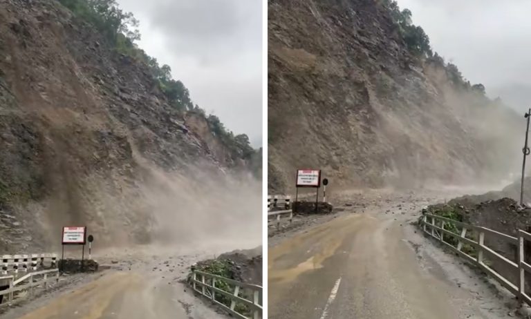 तुइन खोला नजिक ढुंगा खस्दा मुग्लिन–नारायणगढ सडक बन्द