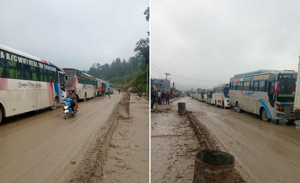 दाउन्ने खण्डमा सवारी जाम, यात्रु मर्कामा