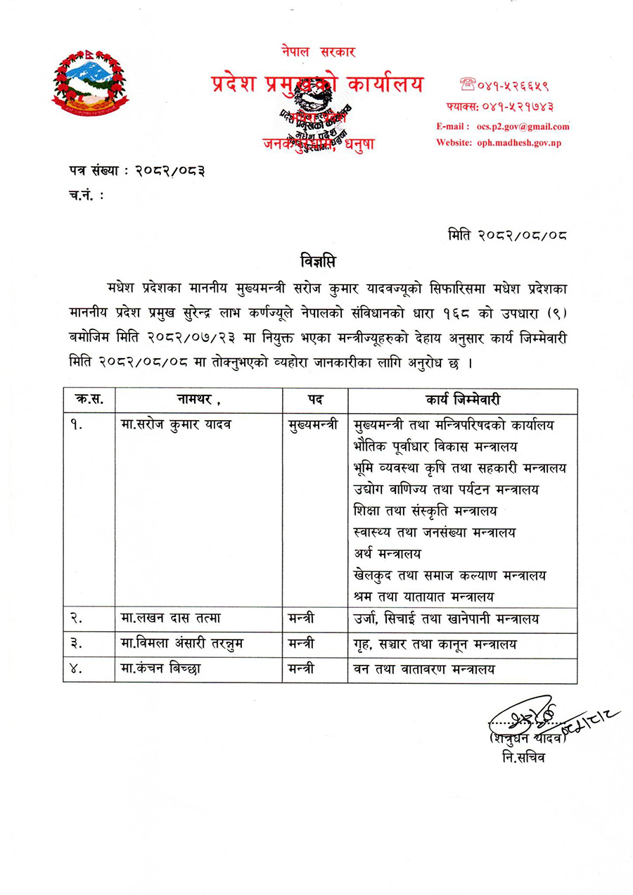 मधेशका मुख्यमन्त्री यादवले तोके विना विभागीय मन्त्रीहरूको जिम्मेवारी