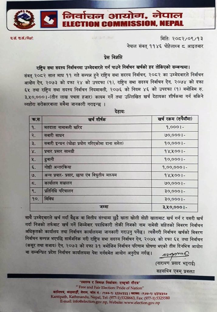 राष्ट्रिय सभाका उम्मेदवारले छुट्टै बैंक खाता खोल्नुपर्ने,  साढे तीन लाखसम्म खर्च सीमा