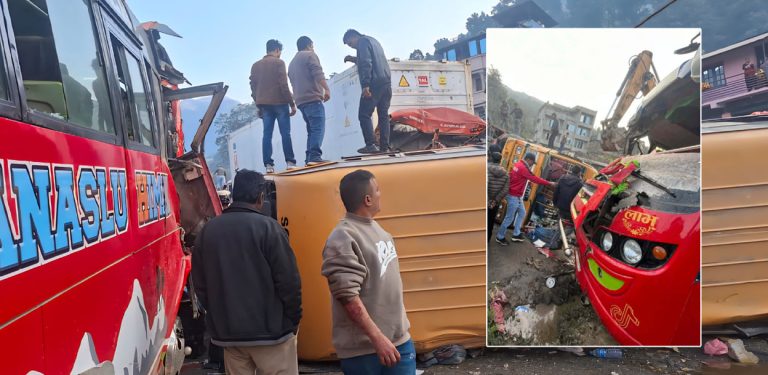 धादिङको चालिसेमा ६ वटा सवारी साधन एक आपसमा ठोक्किएर दुर्घटना