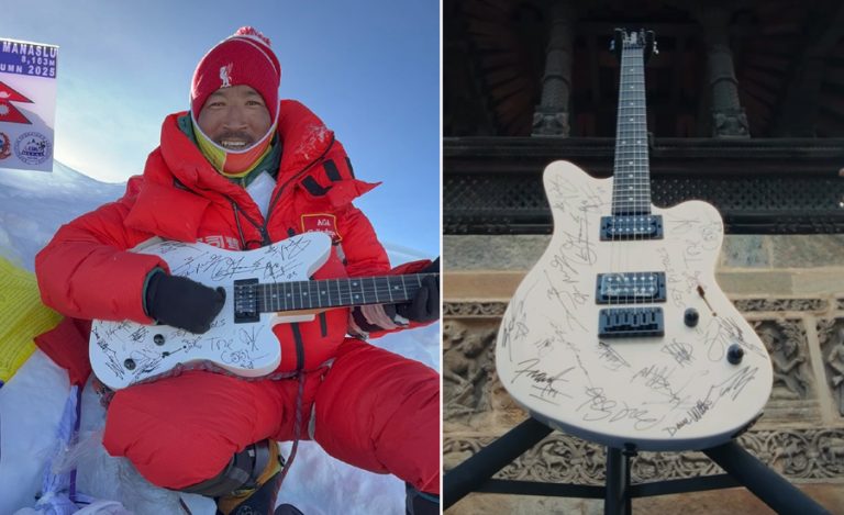 ६ रक-मेटल ब्यान्डले साइन गरेको ‘ज्याक्सन गितार’ मनास्लुको चुचुरोमा