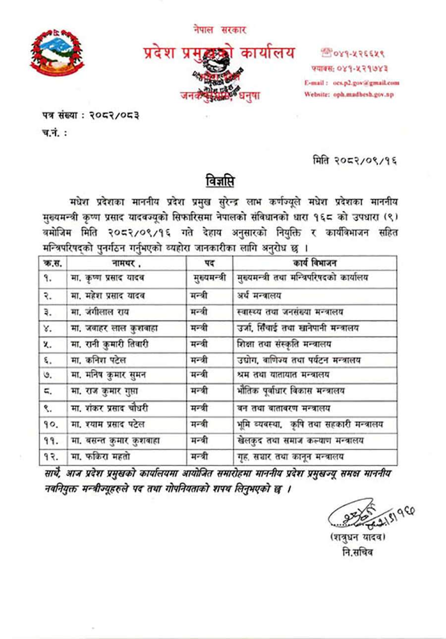 मधेश सरकारले पायो पूर्णता, थपिए ६ मन्त्री