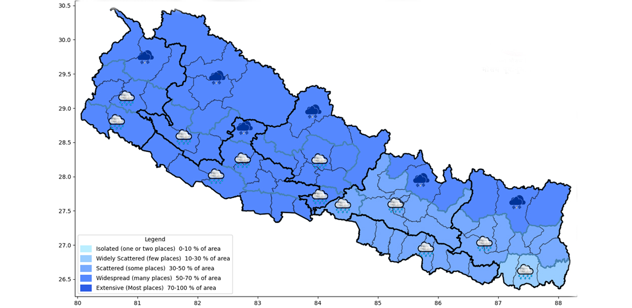 पश्चिम नेपालमा वर्षा र हिमपात, काठमाडौंमा पनि पानी पर्ने