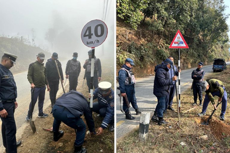 गोरखामा ‘ब्ल्याक स्पट’ क्षेत्र पहिचान गरेर चेतावनीमूलक बोर्ड राख्दै ट्राफिक प्रहरी