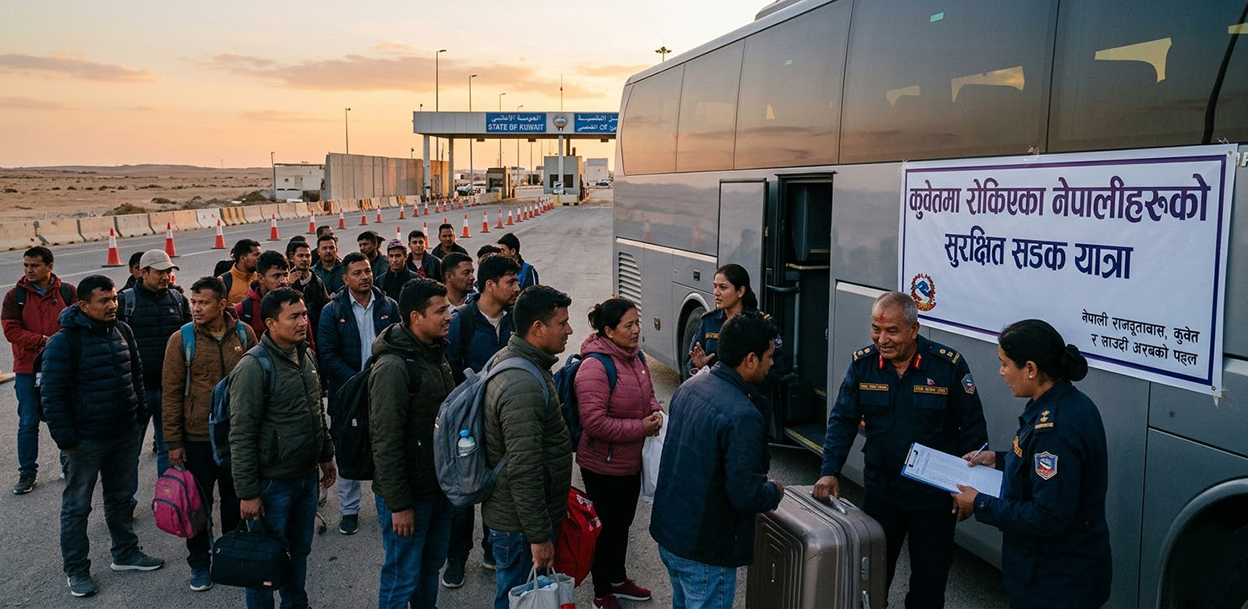 कुवेत ट्रान्जिटमा रोकिएका ६९ नेपाली सडकमार्ग हुँदै गन्तव्यतर्फ प्रस्थान