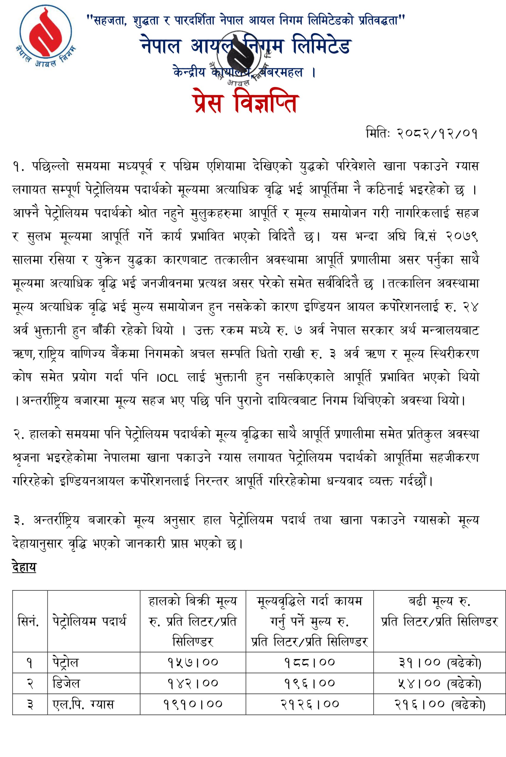पेट्रोलमा १५ र डिजेल-मट्टितेलमा १० रुपैयाँ मूल्य बढ्यो