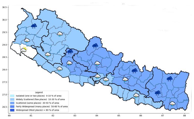 एक-दुई ठाउँमा चट्याङसहित वर्षाको सम्भावना, तराईमा तुवाँलो