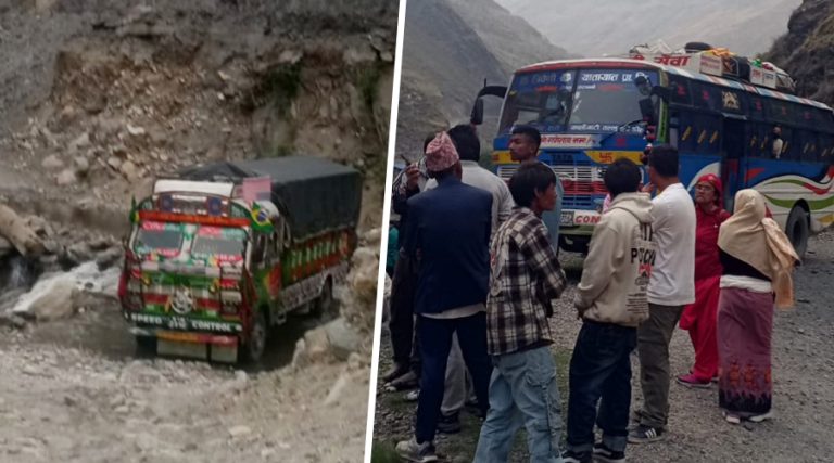 डोल्पाको चुगाँड खोलामा ट्रक फस्दा भेरी करिडोर अवरुद्ध