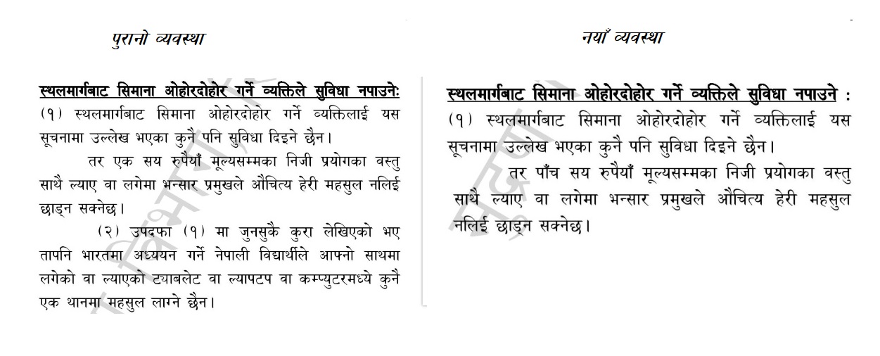 स्थल नाकाबाट ल्याउन-लैजान पाइने वस्तुको छुट सीमा ५ सय पुर्‍याइयो