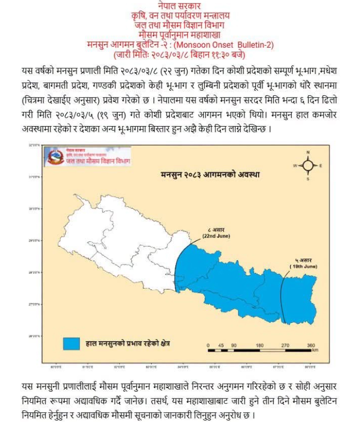 कोशीबाट भित्रिएको मनसुन गण्डकी र लुम्बिनीसम्म फैलियो